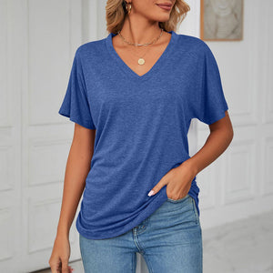 New Casual Pullover V-Neck Solid Color Loose Ladies Tops
