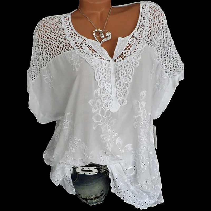 Women's Lace Embroidered Short-sleeved Bat Shirt