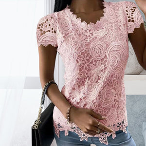 Women's U-neck Solid Color Lace T-shirt Top