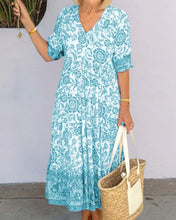 Load image into Gallery viewer, V Neck Blue Floral Print Dress