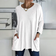 Load image into Gallery viewer, Round Neck Long Sleeve Loose Pocket Solid T-Shirt